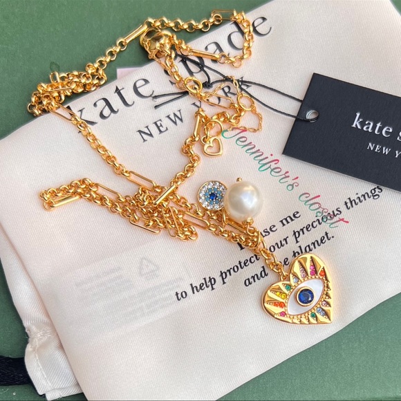 KATE SPADE ♠️ Mixed Stone Evil Eye Heart Multi-Charm Pendant Necklace - Picture 6 of 9